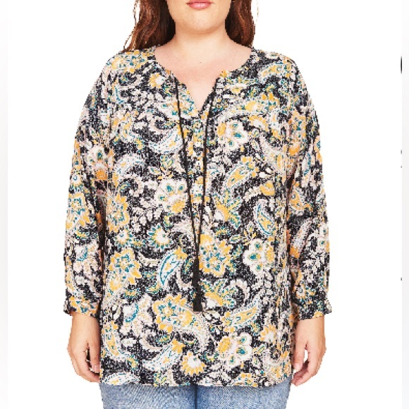 DR2 Tops - DR2 BY DANIEL RAINN Pleated Tassel Neck Blouse Black 101 Print Roll Sleeve 2x